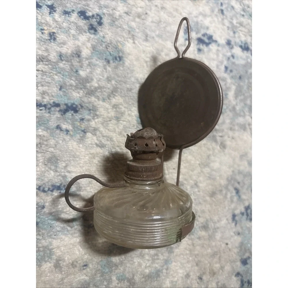 VTG Miniature Oil Lamp Amber Glass Oil Lamp w/ Reflective Wall Hanger